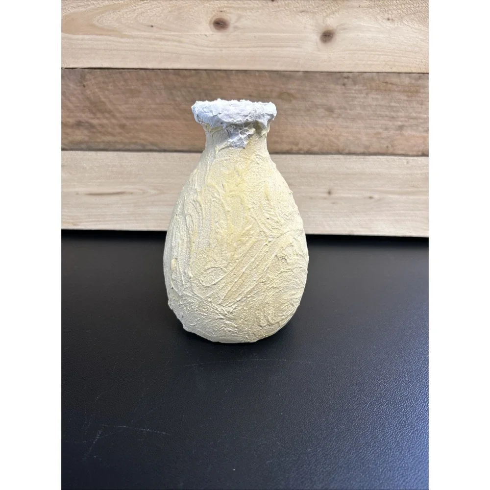 Quirky Revamped Ceramic Vase Rustic Primitive Textured Yellow Grunge Whimsical